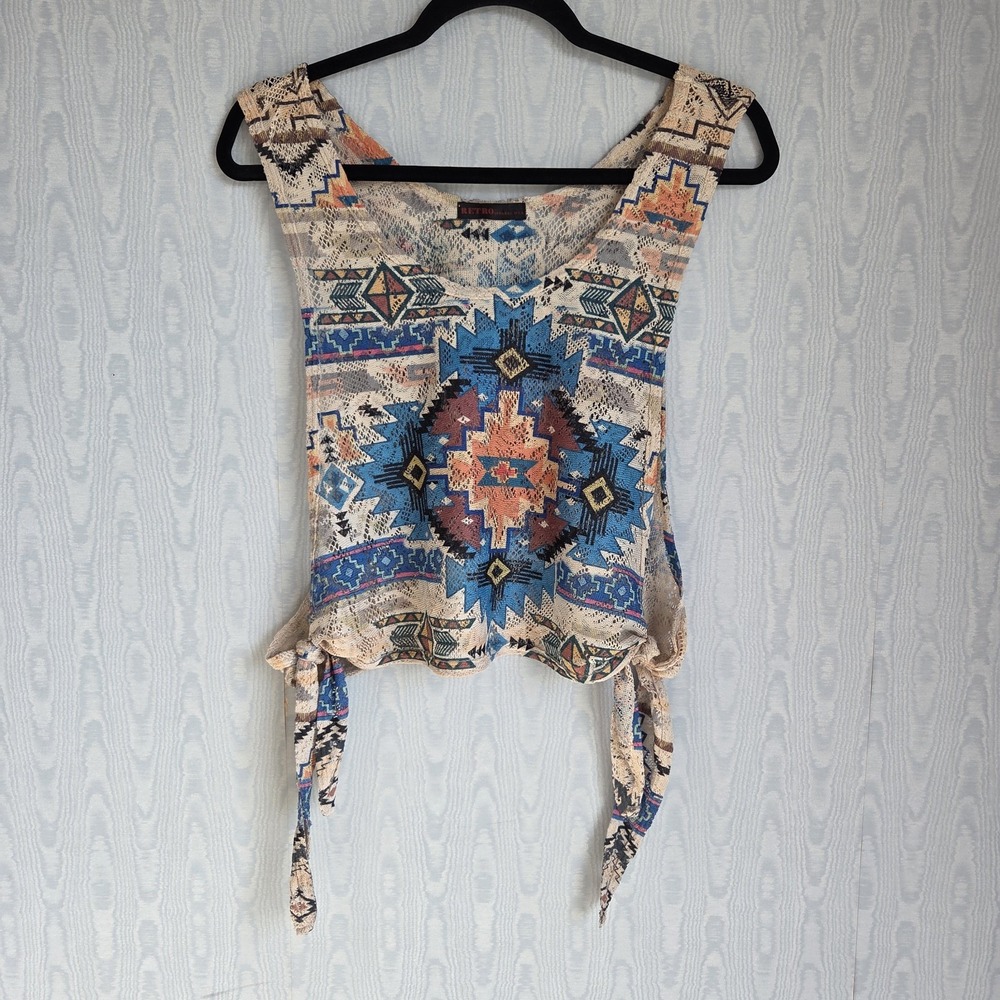 Retro Apparel Womens One Size Sheer‎ Lace Side Tie Tank Top Western Aztec Boho